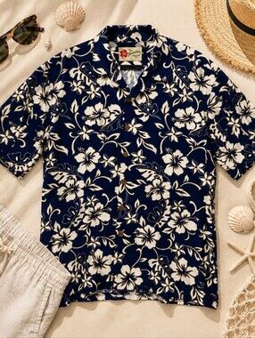 Vtg Hilo Hattie Navy White Tropical S Sleeve Hawaiian Shirt. Mens XXL